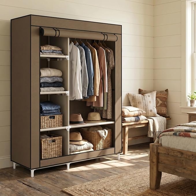 Calmootey Portable Closet Organizers, Clothing Storage, Wardrobe with 6 Shelves and Hanging Rod, Non-Woven Fabric Cover with 4 Side Pockets, Brown