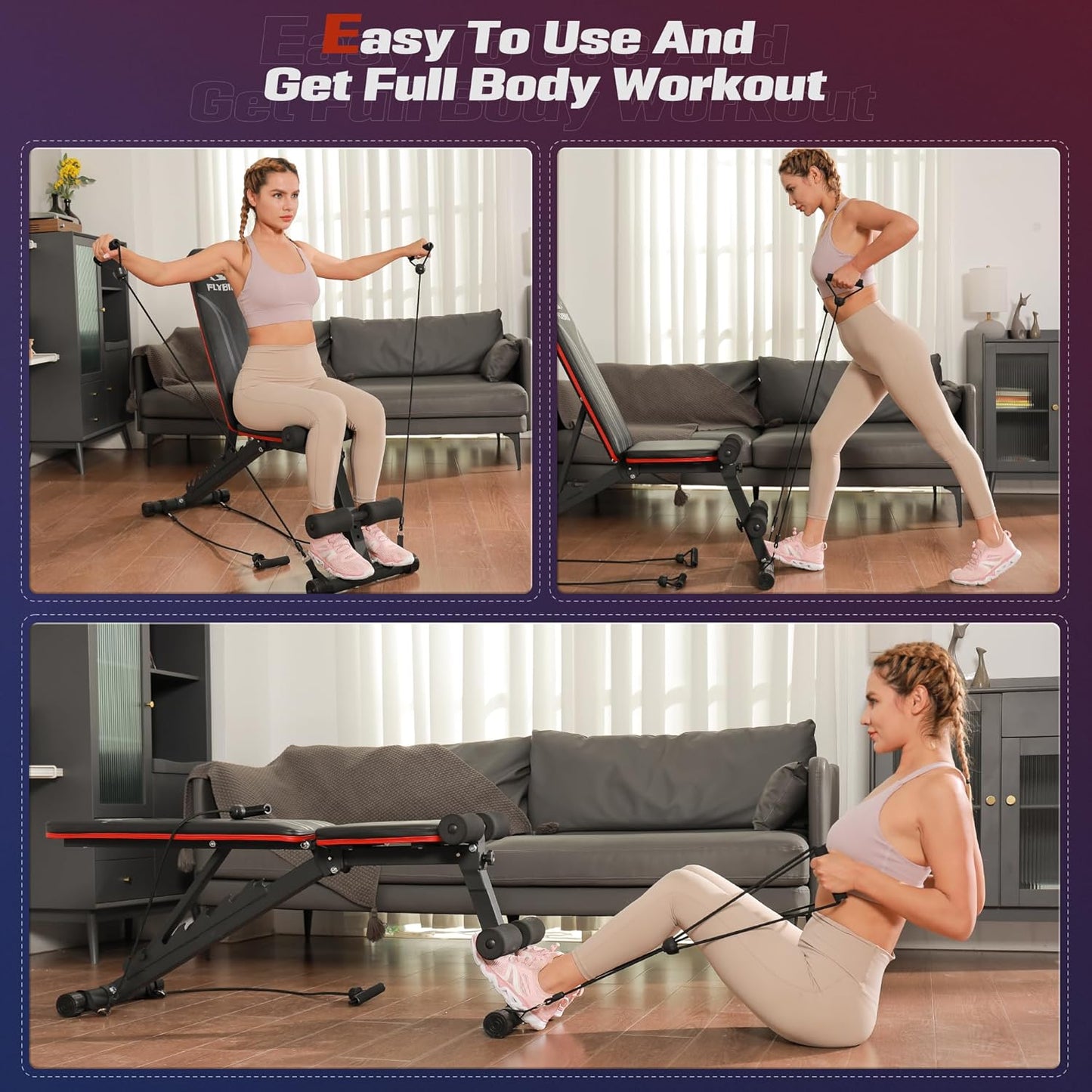 FLYBIRD Foldable Weight Bench with Resistance Bands, 8 Backrests Fast Adjustable FID for Home Gym Full Body Workout, Easy to Storage for Small Apartment