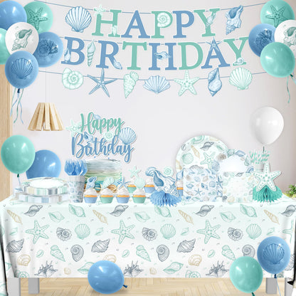 Seashell Birthday Decorations,190pcs Beach Party Supplies Coastal Party Decorations Plates and Napkins Cups Tablecloths,Cake Topper,Balloon for Ocean Theme Birthday Decorations,Serves 24