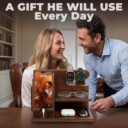 TESLYAR Wood Phone Docking Station for Men - Desktop or Nightstand Organizer - Birthday Gifts for Men, Dad - Anniversary Idea from Wife - Key Holder, Stand Wallet, Watch & Essentials (Bourbon Brown)