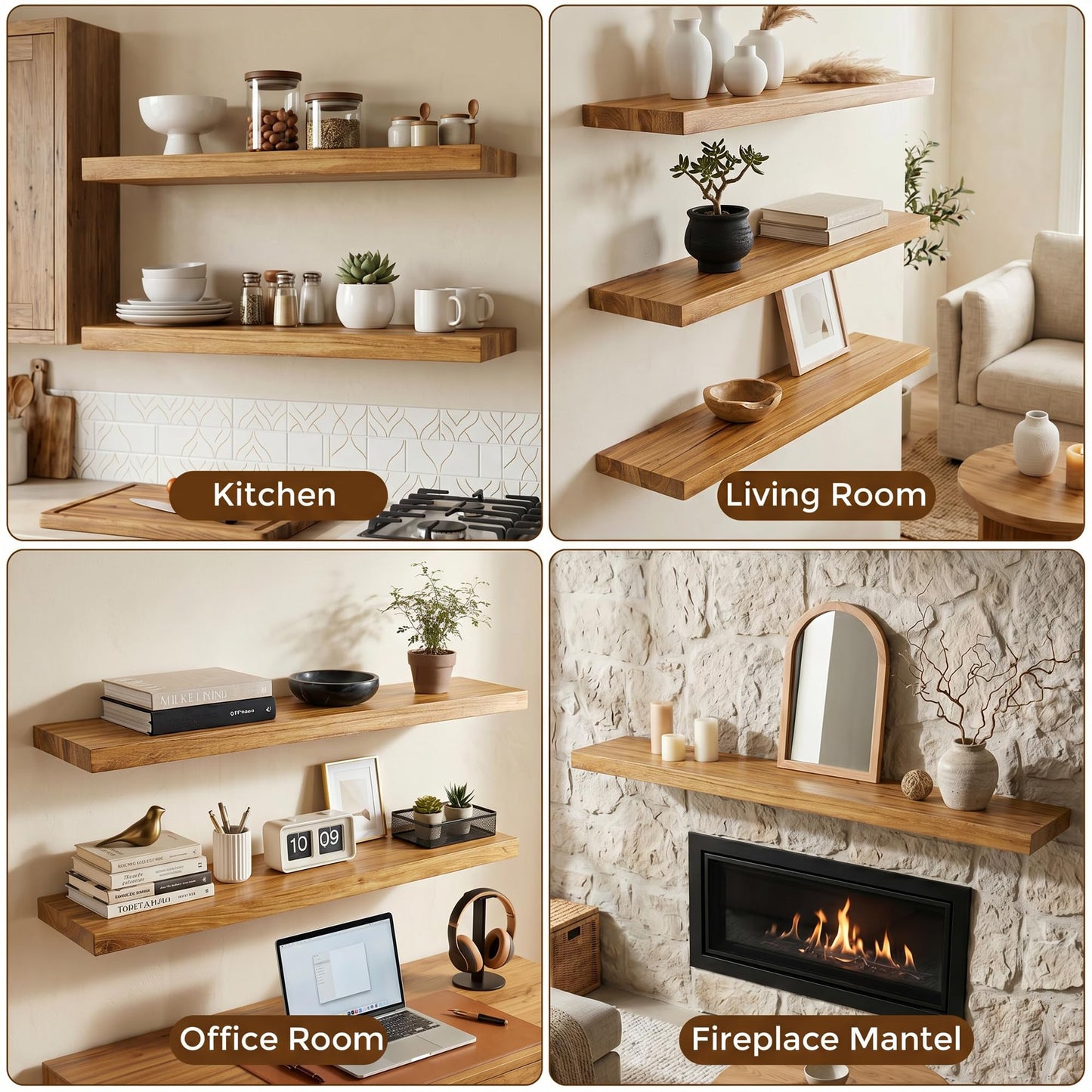 Dreamland Rustic Elm Woood Floating Shelves for Wall Decor, 32" W x 8" D x 1.5" H Floating Shelves Set of 2, Wall Mounted Deep Wooden Shelf for Living Room, Bedroom, Kitchen, Bathroom, Natural