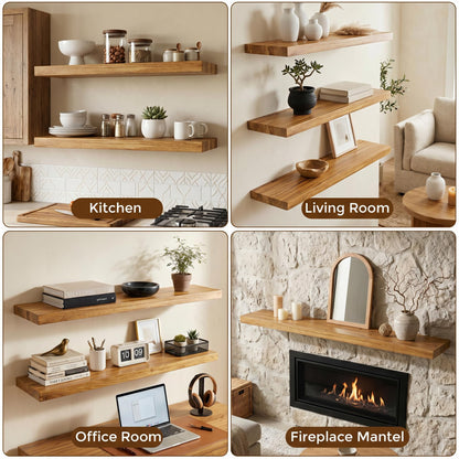 Dreamland Rustic Elm Woood Floating Shelves for Wall Decor, 32" W x 8" D x 1.5" H Floating Shelves Set of 2, Wall Mounted Deep Wooden Shelf for Living Room, Bedroom, Kitchen, Bathroom, Natural