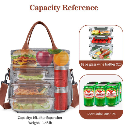 Lunch Box & Lunch Bag for Women Men, Expandable Large Insulated Adult Lunch Bag with Strap, Double Deck Leakproof Lunchbox Durable Cooler Bags for Work Picnic Beach,16L, Gray