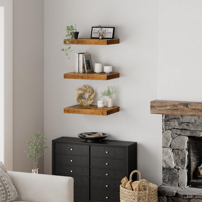 QEEIG 12" Deep Floating Shelves for Wall - 12 x 16 inch Book Shelf Bathroom Bedroom Kitchen Living Room Hanging Bookshelf Farmhouse Set of 3, Brown (026-40BN3)