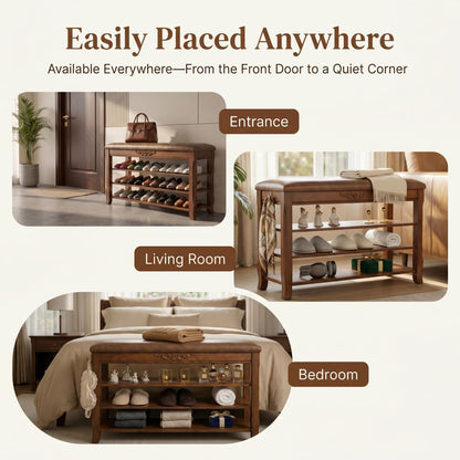 Shoe Rack Bench Entryway Storage with Leather Cushion, Shoe Organizer Bench for Entryway, Front Doors Entrances Hallway,Mudroom,Closet, Bedroom,Solidwood 3 Height-Adjustable Removable Shelve,39.4"