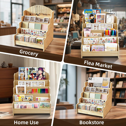 SPVIKISGO 5-Tier Greeting Card Display Stand, Wooden Rack Holder for Display Postcards, Cards, Brochure and Stickers, also for Vendors, Counter Retail