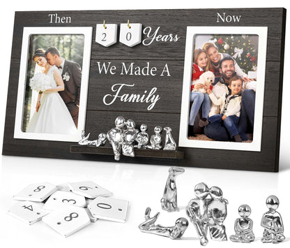 DREAMORIE Then & Now Anniversary Picture Frame with Tin Family Figurines – Rustic Wooden 1-99 Years Wedding Gift for Couples, Custom Number Tiles