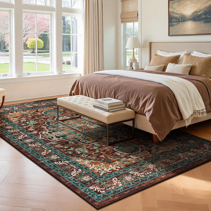 U'Artlines Boho Vintage Area Rug 5x7 Machine Washable Low Pile Ultra-Thin Soft Floor Carpet Non Slip Non Shedding Accent Rug for Living Room Bedroom Entryway Dining Room Office(Rust＆Teal)