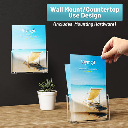 Viymgit Acrylic Brochure Holder 6 x 8 Inches, 2-Pack Clear Plastic Display Stand for Half-Fold Flyers, Pamphlets, Menus, Trifold Literature, Wall Mount or Countertop Use