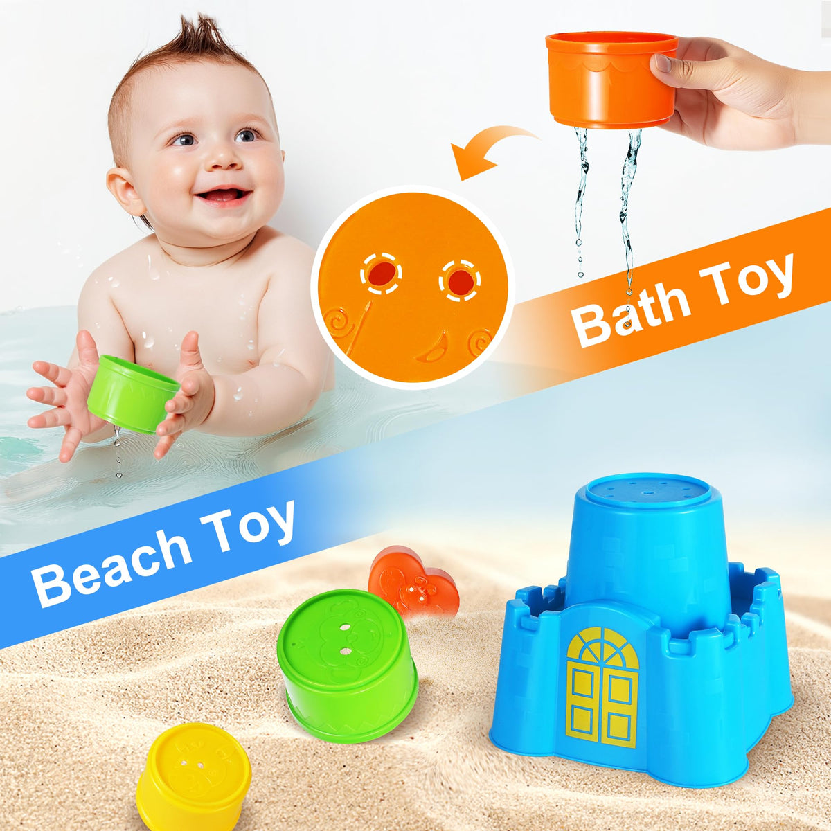 iPlay, iLearn Baby Stacking Toys, Toddler Nesting Stack Cups, Infant Stackable Block, Kids Sorting Game W/Shape Sorter for Sand Bath, Birthday Gift for 12 18 24 Month 1 2 3 Year Old Boys Girls