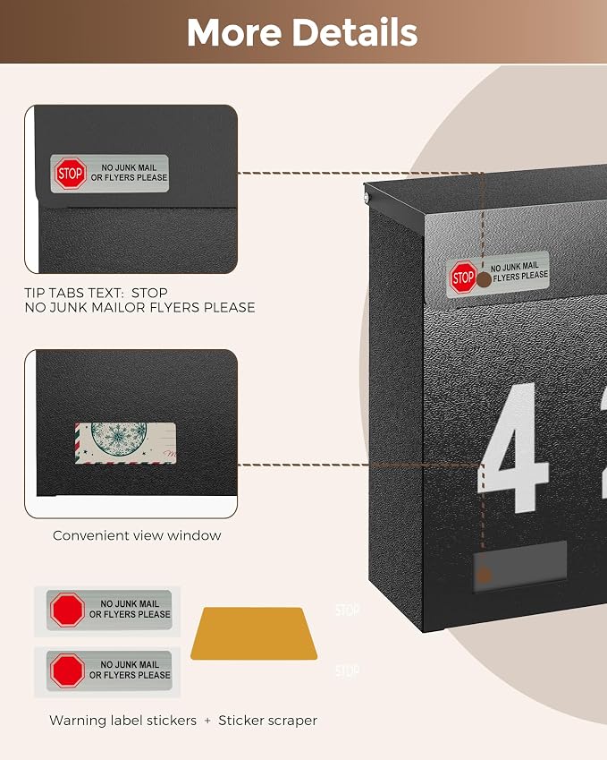 Modern Mailboxes for Outside, Metal Wall Mount Mailbox, with One Flag Kit and Three Sets of Mailbox Number Stickers, 3.9" D×14.2" W×10.2" H, Rust Resistant Coating Mail Boxes for House, Black AMB07B