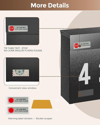 Modern Mailboxes for Outside, Metal Wall Mount Mailbox, with One Flag Kit and Three Sets of Mailbox Number Stickers, 3.9" D×14.2" W×10.2" H, Rust Resistant Coating Mail Boxes for House, Black AMB07B