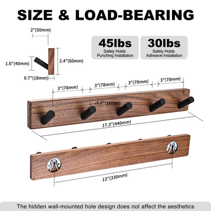 LECHYN 17.3" Small Wooden Coat Rack Wall Mounted with 5 Pegs Hooks, Entryway Wall Hooks Coat Hanger for Hanging Towel Jacket Clothes Hat Backpack Shoe Purse Key Holder Hook Rail by Black Walnut Wood