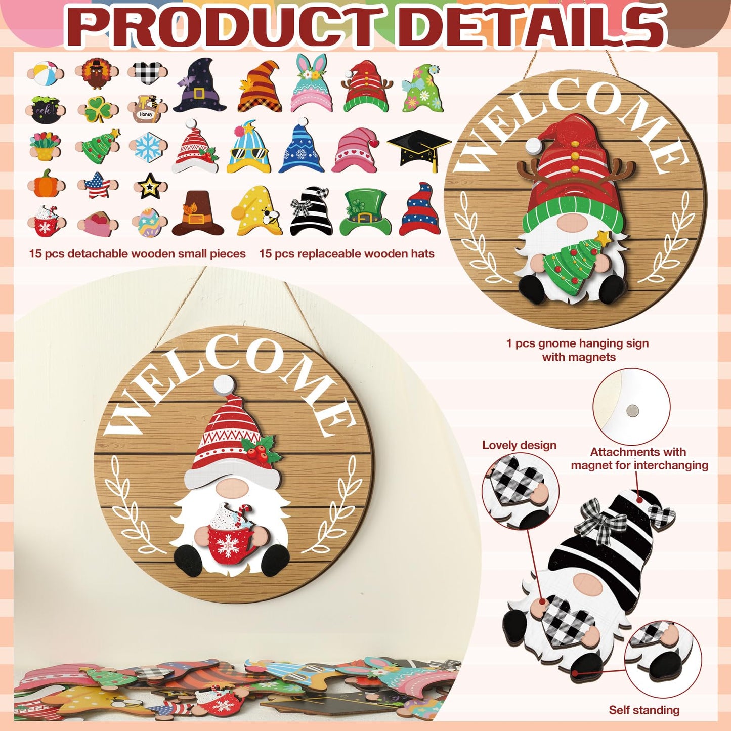Qunclay Woodland Seasonal Interchangeable Wooden Gnome Decor Summer Christmas in July Gnome Decorations with Magnet Pieces and Detachable Hats Hanging Welcome Sign