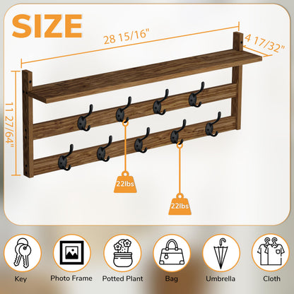 AMBIRD Coat Rack Wall Mount with Shelf, 29" Coat Hooks Wall Mounted with 9 Metal Hooks for Entryway, Bathroom, Bedroom, Living Room, Kitchen, 2 Tier Wall Hooks for Clothes, Hat, Towel, Key, Purse