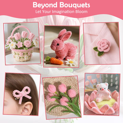 EARLY MINDS 500 Pcs Pipe Cleaners Craft Kit for Flower Making, DIY Bouquet Set with 8mm Chenille Stems, Step-by-Step Tutorial, Floral Wire, Ribbon & Tools for Handmade Gifts and Decor, Pink