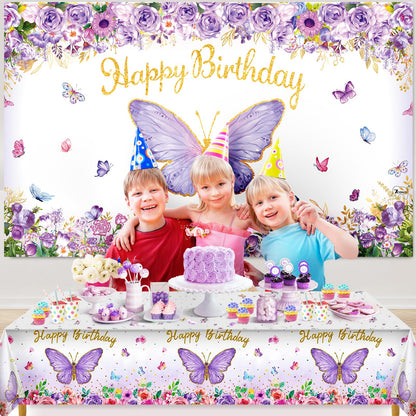 Butterfly Party Decorations, Girls Birthday Themes Decorations with Balloon Arch Kit Butterfly Photography Backdrop Banner and Tablecloth for Girls Women Butterfly Birthday Decor