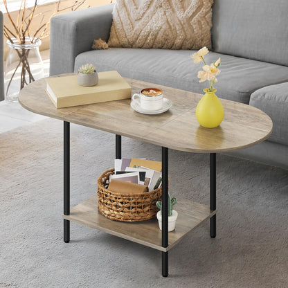 OYEAL Coffee Tables for Living Room 2-Tier Small Oval Table with Storage Shelf Mid Century Round Center Table for Display, Small Space,Home Office, Rustic Grey