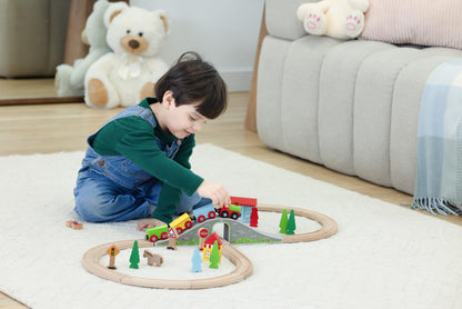 Jasey's Toy Chest 33-Piece Wooden Little Town Train Adventure Set | Interlocking Tracks, Bridge, & Town Accessories | Compatible with Other Wooden Train Sets | for Toddlers Ages 3+