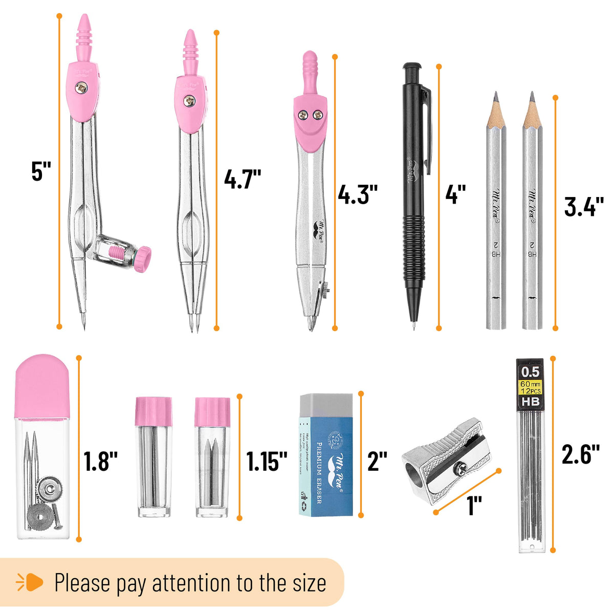Mr. Pen- Geometry Set, 15 pcs, Pink, 6 Inch Swing Arm Protractor, Divider, Set Squares, Ruler, Compasses and Protractor