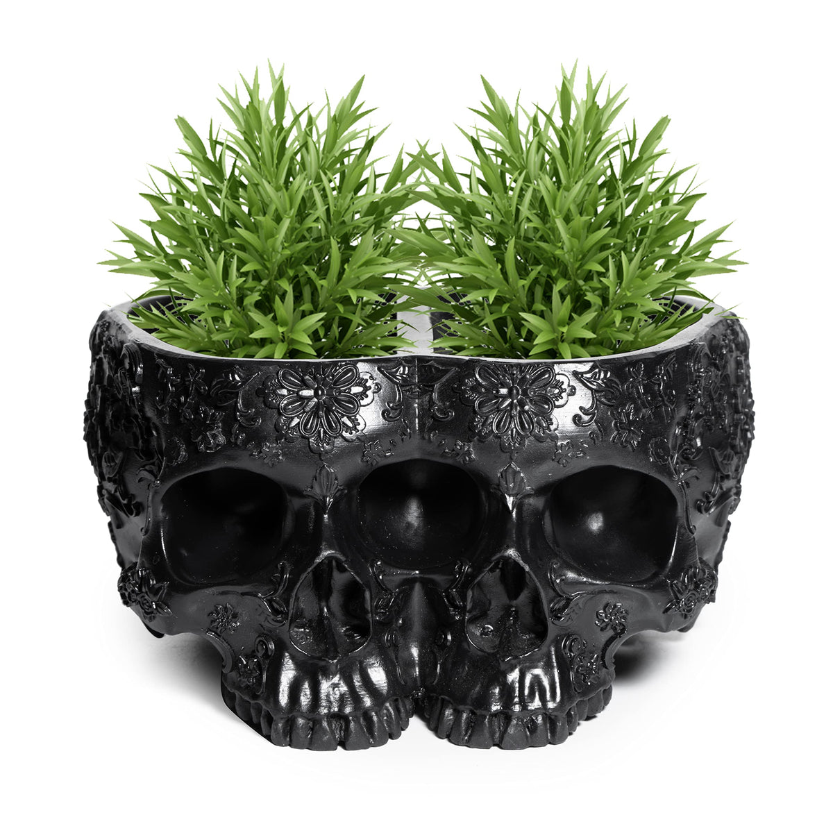 Spooky Double Head Skull Planter Pots 4" H Polyresin Skulls Succulents Outdoor & Indoor Plants & Flowers - Serving Bowl, Skeleton Home Black Goth Décor