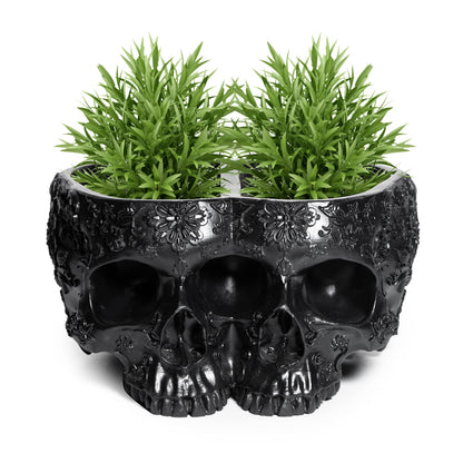Spooky Double Head Skull Planter Pots 4" H Polyresin Skulls Succulents Outdoor & Indoor Plants & Flowers - Serving Bowl, Skeleton Home Black Goth Décor