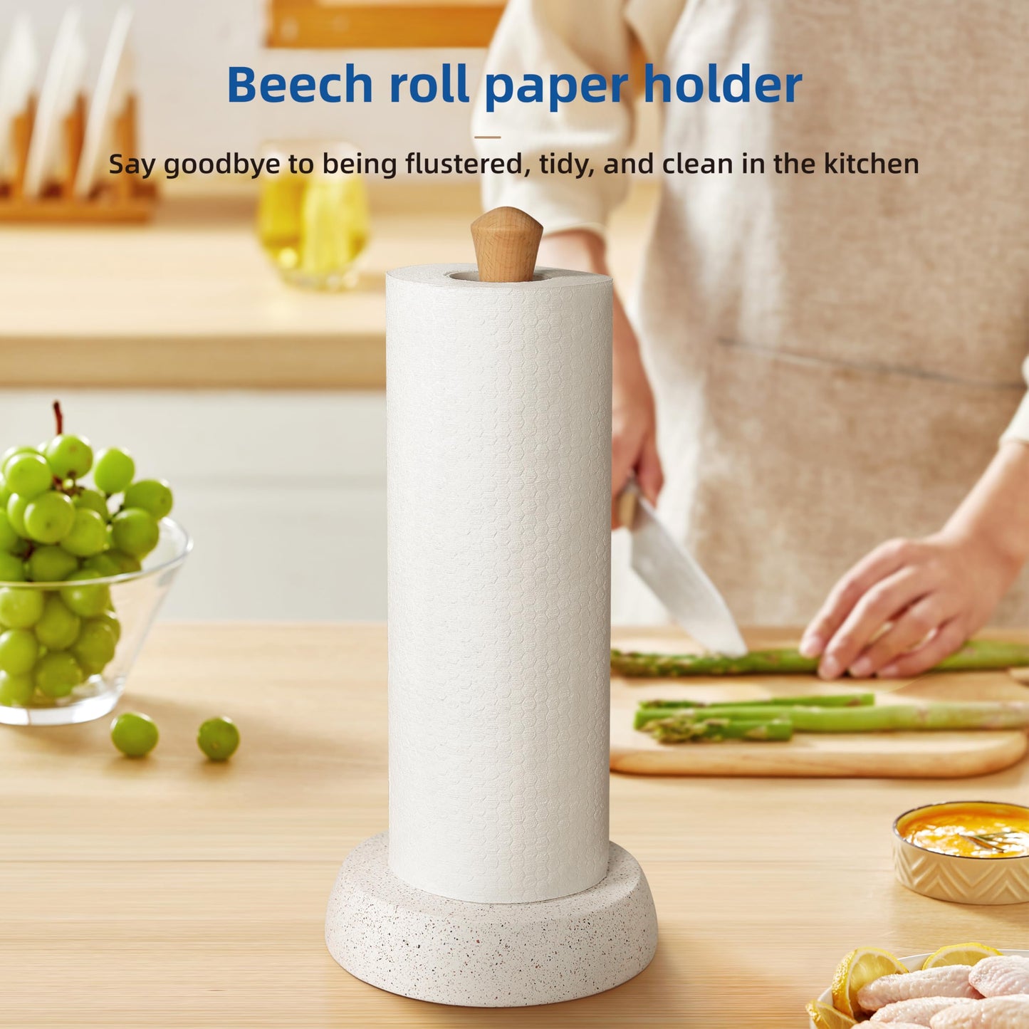 BOSHARON Kitchen Paper Towel Holder, Free Standing Cement Base with Beech Wood Rod, Modern Countertop Dispenser for Bathroom & Kitchen