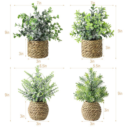 Small Fake Potted Plants: 7 Inches Artificial Plants with Seagrass Handwoven Planters, Indoor Farmhouse Spring Decorations, Eucalyptus Plant for Home Bathroom Office Shelf Tabletop Desk Room Decor