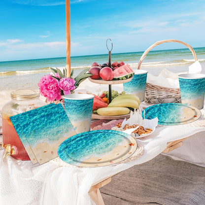 Beach Party Supplies, 144Pcs Ocean Waves Birthday Party Supplies Tableware Set Summer Pool party Decorations Ocean Plates and Napkins and Cups for Hawaiian Birthday Decorations