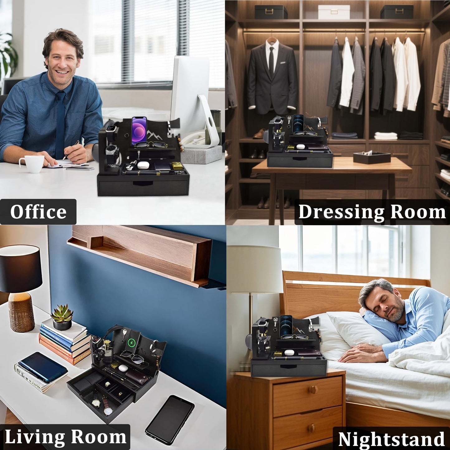 KWYADLUO Nightstand Organizer for Men with Large Drawer, Wood Phone Docking Station for Phone, Apple Watch, Wallet & Keys, Ideal Birthday Gift for Father Husband Wife, Bedside Desk Organizer (Black)