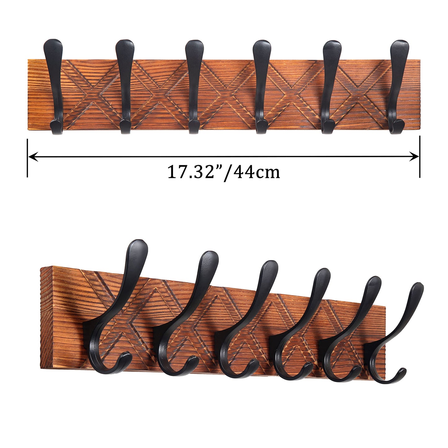 SKOLOO Coat Rack Wall Mount - Antique Wooden Carved- X Cross Coat Hook, Wall Coat Hanger with 6 Hooks for Hanging Coats, Hats, Clothing, Scarfs, Brown & Black