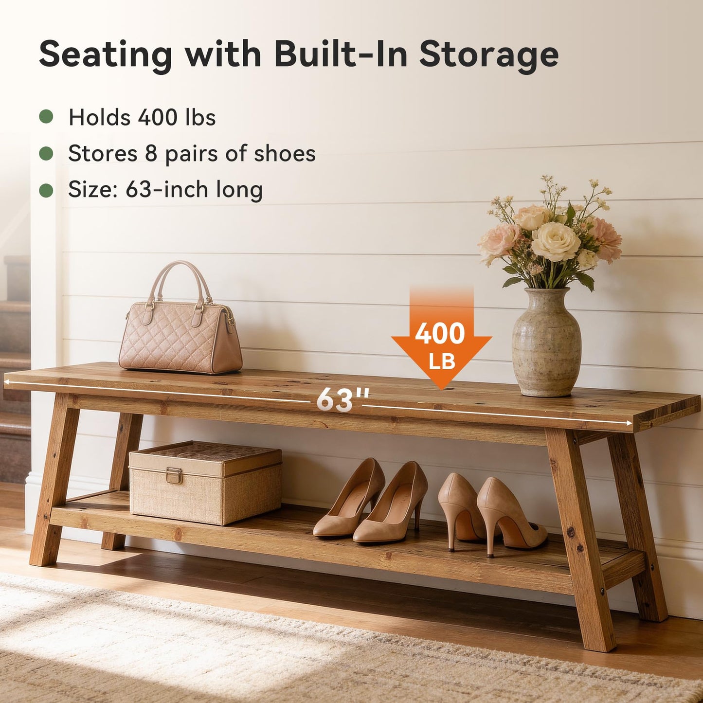 TRIBEWOOD Solid Wood Entryway Bench with Shoe Storage Shelf, 62.99" Long Rustic Hallway Shoe Bench, Natural Wood Mudroom Window Seating, 400 lbs Capacity
