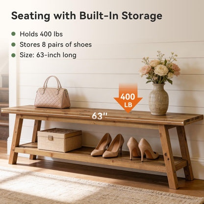 TRIBEWOOD Solid Wood Entryway Bench with Shoe Storage Shelf, 62.99" Long Rustic Hallway Shoe Bench, Natural Wood Mudroom Window Seating, 400 lbs Capacity