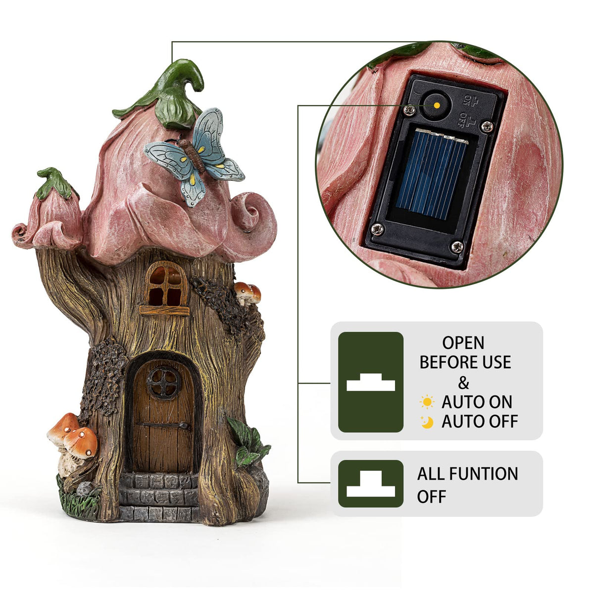 Fairy Garden Accessories Outdoor Statues, Mushroom House Decor,Large Gnome Solar Powered Lights Sculptures,Pink Resin Figurine Butterfly Figurines Lawn Ornaments for Patio Yard Decorations 11Inch