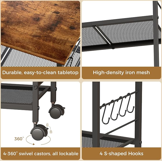 BEWISHOME Rolling Kitchen Cart 3 Tier, Microwave Kitchen Cart with Storage Function, Practical Roller Cart with 4 Locking Wheels for Kitchen, Living Room, Bathroom, Office, Bar (Brown) 99ZCC01H