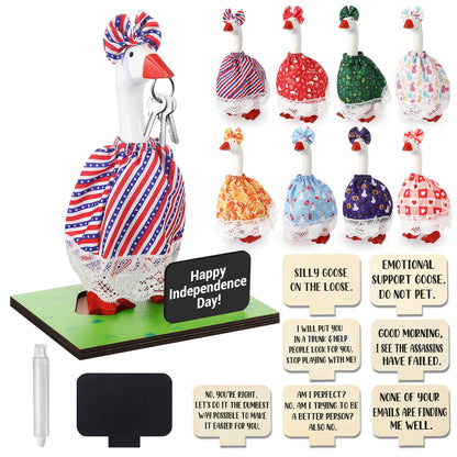 AceOrbit 19 Pcs Holiday Magnetic Goose Key Holder with All Season Outfits 4th of July 250th Anniversary Resin Desk Geese Statue with Writable Interchangeable Sign Chalk for Home Table Decor(Classic)