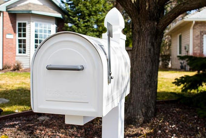 Architectural Mailboxes Reliant Locking Post Mount Mailbox, White, Large | Galvanized steel build with concealed secure lock and key and a magnetic door closure. USPS approved. Includes 2 keys.