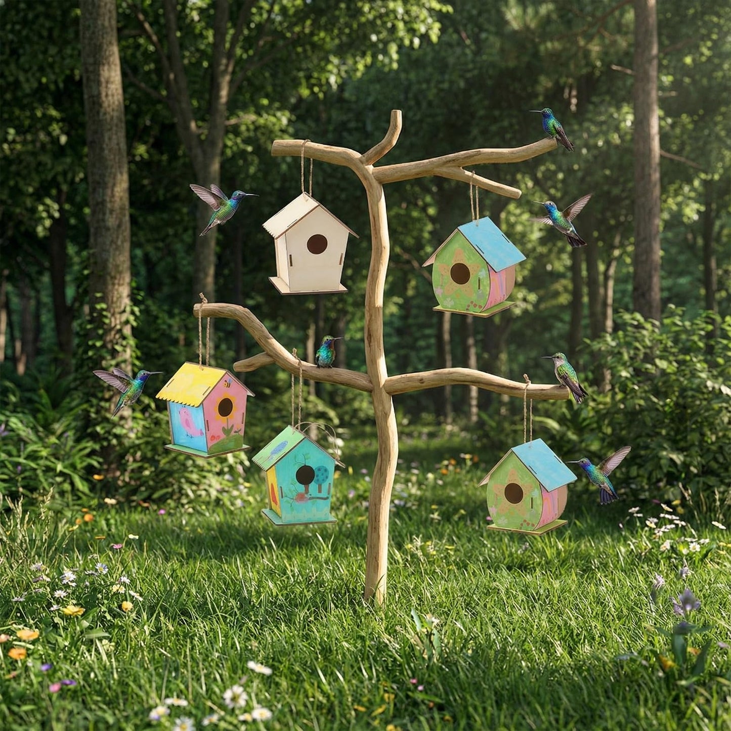 DoubleFill 30 Pcs Wooden Bird Houses Bulk for Kids Unfinished Wood Birdhouses for Children Wood Craft Project Kits for DIY Wooden Arts and Crafts for Summer VBS Crafts