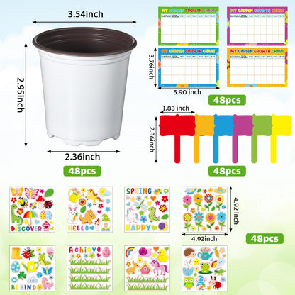 Capoda 48 Sets Garden Flower Pots Crafts Kit DIY Spring Plastic Seedling Nursery Pots with Stickers Plant Labels Growth Charts Planting Growing Tools Classroom Activities Project Gifts (Round)