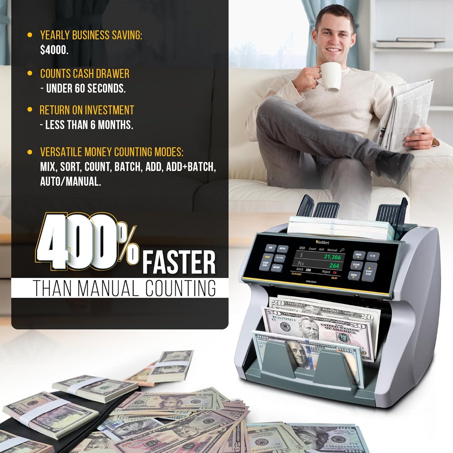 KOLIBRI KBR-1500 V2 Business-Grade Money Counter | Bill Counter, Sorter, Reader with Counterfeit Detection | Mixed Value Money Counting Machine | US Tech Support