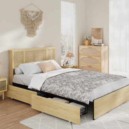 GAOMON Full Size Rattan Bed Frame with Natural Woven Headboard, Strong Wooden Slats and Metal Platform Base, Quiet Design, No Box Spring Required, 4 Storage Drawers