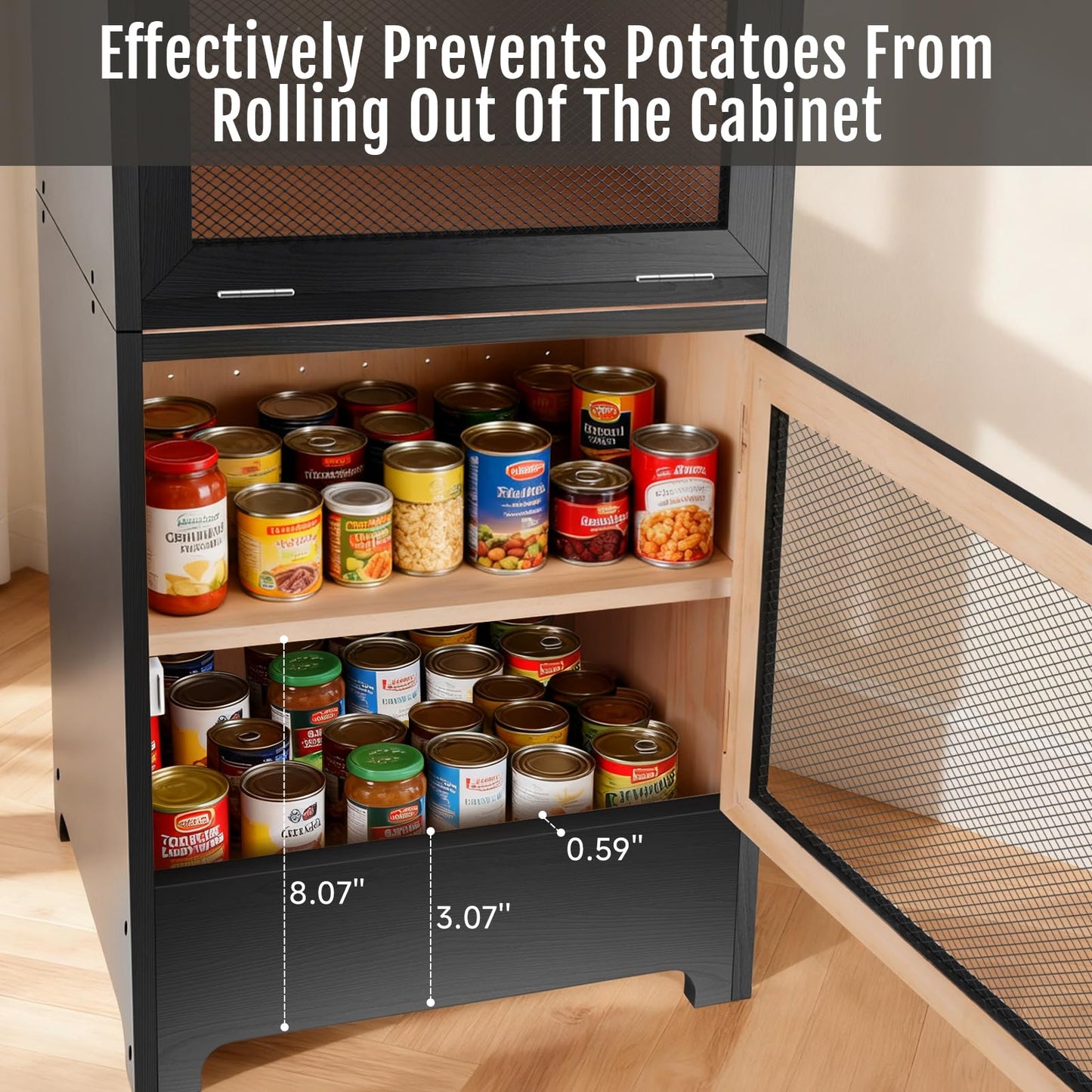 Large Potato and Onion Storage Bin - Wooden Stackable Bread Storage Box with Lid & Mesh Doors, Decorative Fruit and Vegetable Organization Cabinet for Kitchen, 15.75"W x 10.7"D x 33.5"H (Black)