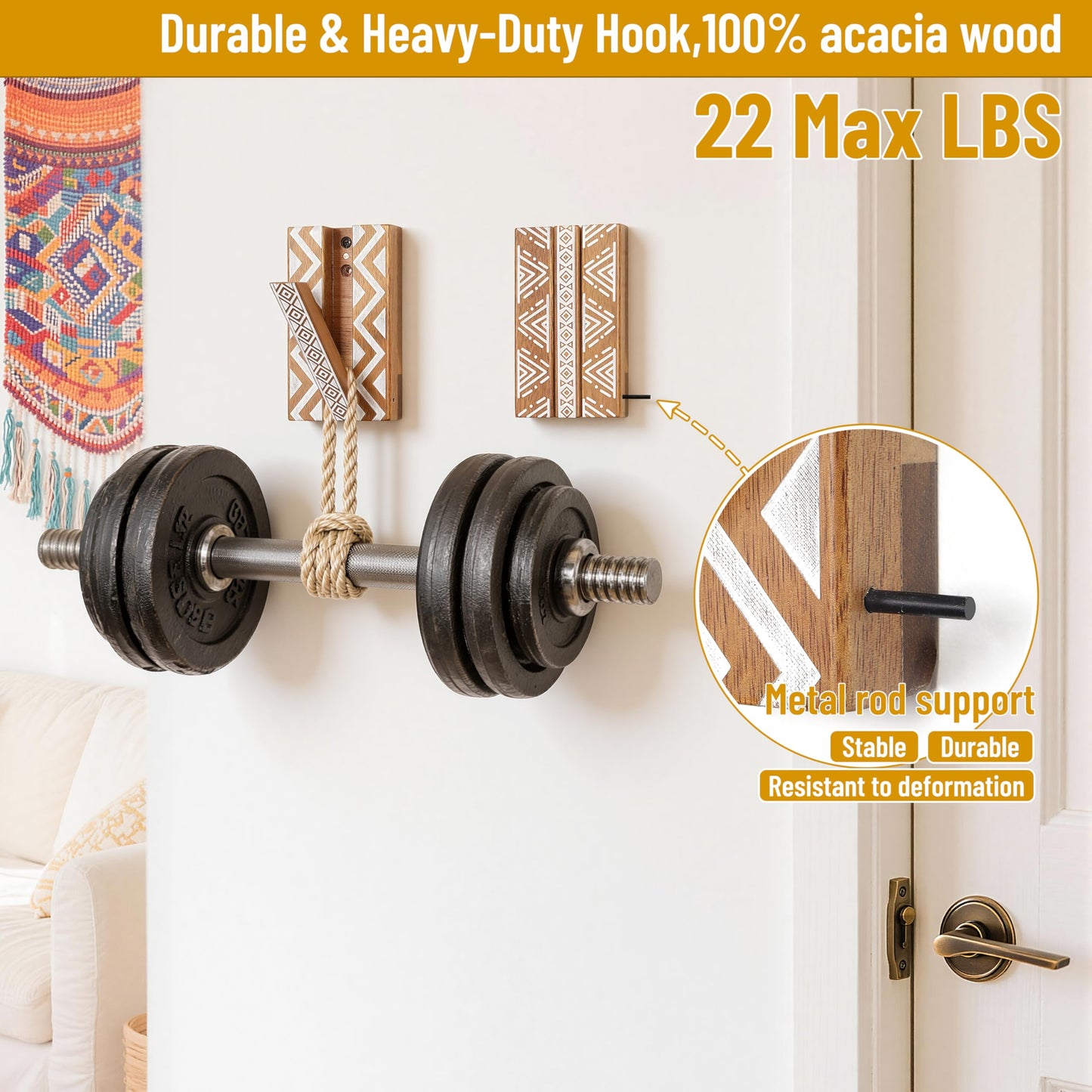 KYIAANY Boho Foldable Wall Hooks: Decorative Wooden Coat Hooks 2Pack Mounted for Heavy Duty Hanging Towels Backpack Bags Hats, Space Saving Home Decor for Aesthetic Homeowners