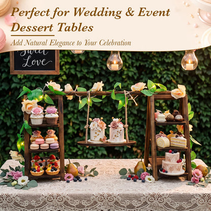 Purpeak Rustic Wooden Cupcake Stand with LED String Lights, 3 Tier Dessert Display Ladder with Swinging Tray, Solid Pine Serving Trays with Flower Vine for Wedding, Party, Birthday Event Table Decor