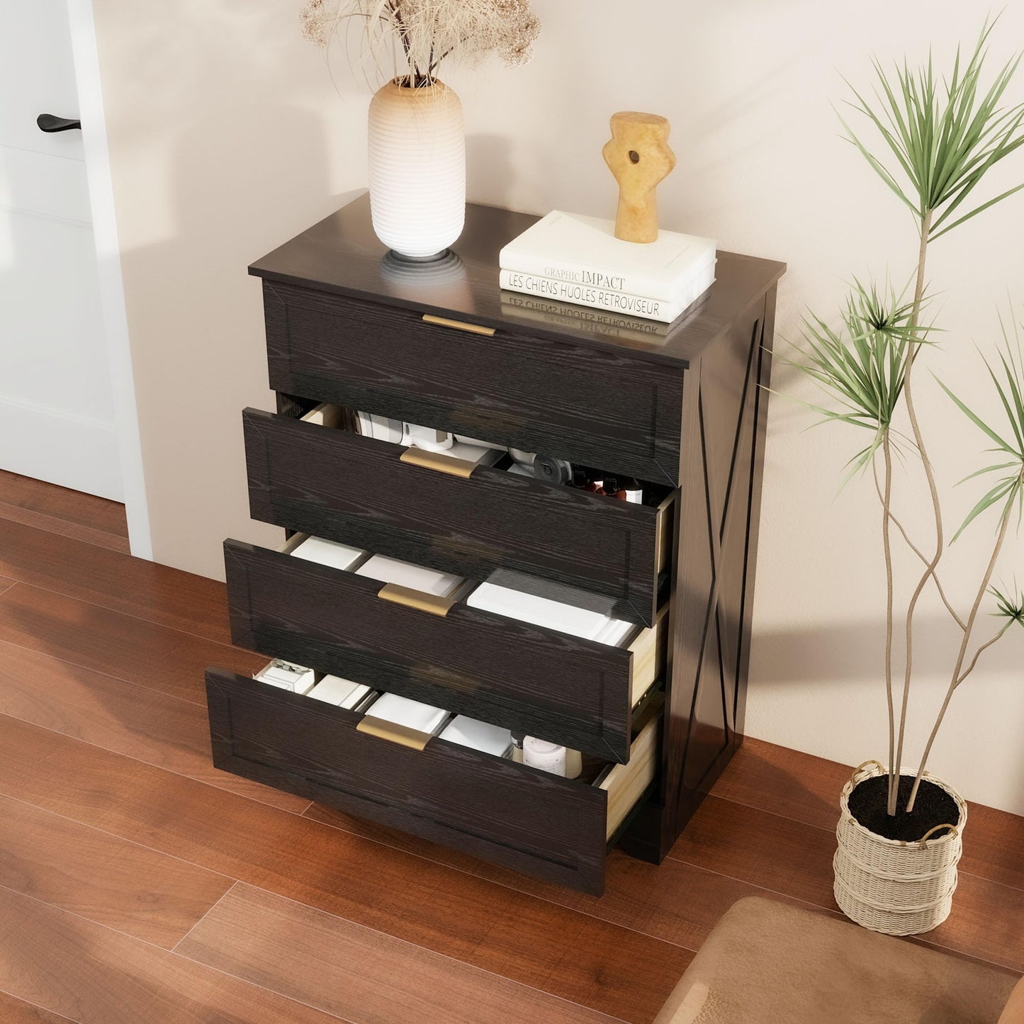 FTZxHKLX Modern 4 Drawer Dresser for Bedroom, Tall Bedroom Dresser with Large Drawer & Rose Gold Handles, Wooden Storage Organizer Cabinet Chest of Drawer for Closet, Living Room, Hallway, Black