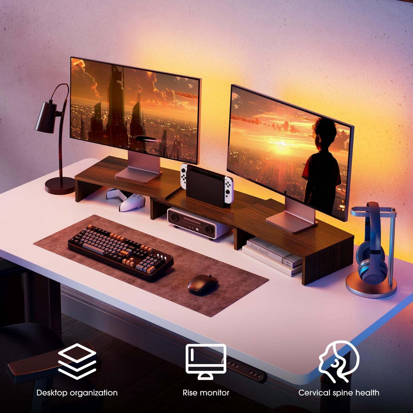 FITUEYES Dual Monitor Stand – 3 Shelf Computer Monitor Riser, Wood Desktop Stand with Adjustable Length and Angle, Desk Accessories, Office Supplies Medium Brown, DT108002WB