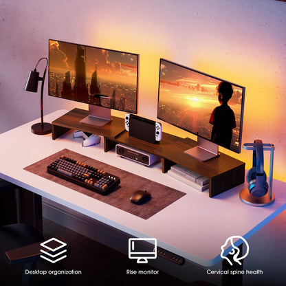 FITUEYES Dual Monitor Stand – 3 Shelf Computer Monitor Riser, Wood Desktop Stand with Adjustable Length and Angle, Desk Accessories, Office Supplies Medium Brown, DT108002WB