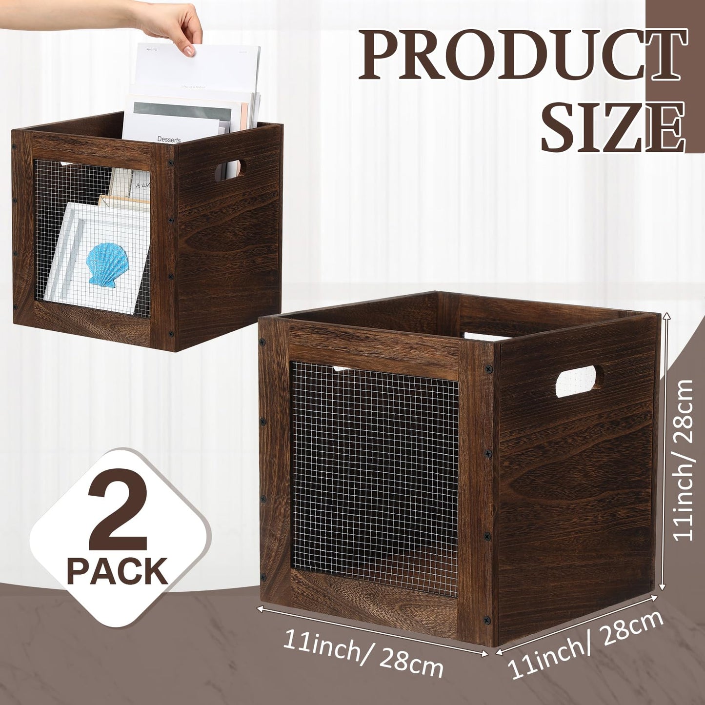 Colingmill 2 Pack Stackable Wood Storage Bins with Metal Wire and Handles 11 x 11 x 11 Inch, 22l Cube Vinyl Record Holder Wooden Storage Crate Basket for Shelve Fruit Vegetable Pantry Toy(Walnut)
