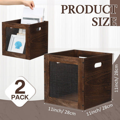 Colingmill 2 Pack Stackable Wood Storage Bins with Metal Wire and Handles 11 x 11 x 11 Inch, 22l Cube Vinyl Record Holder Wooden Storage Crate Basket for Shelve Fruit Vegetable Pantry Toy(Walnut)