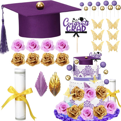 Jingmore Graduation Cake Kit Included Felt Graduation Cap Diploma Classic Black Congrats Grad Cupcake Toppers Beads Leaf Flowers Cake Decorations for Class of 2026 Party(Purple and Gold)
